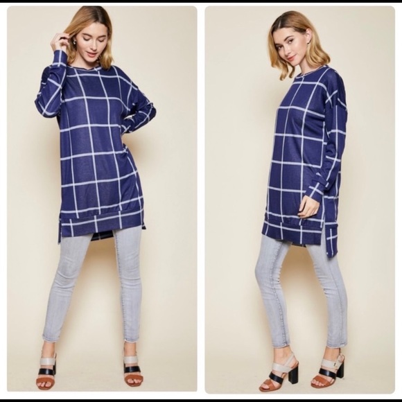 🔥🆕Blue Windowpane Long Sleeve Tunic - Picture 5 of 5